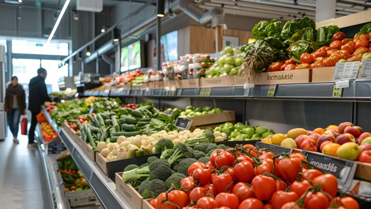 Client préparant ses courses Intermarché sur smartphone devant un rayon de supermarché