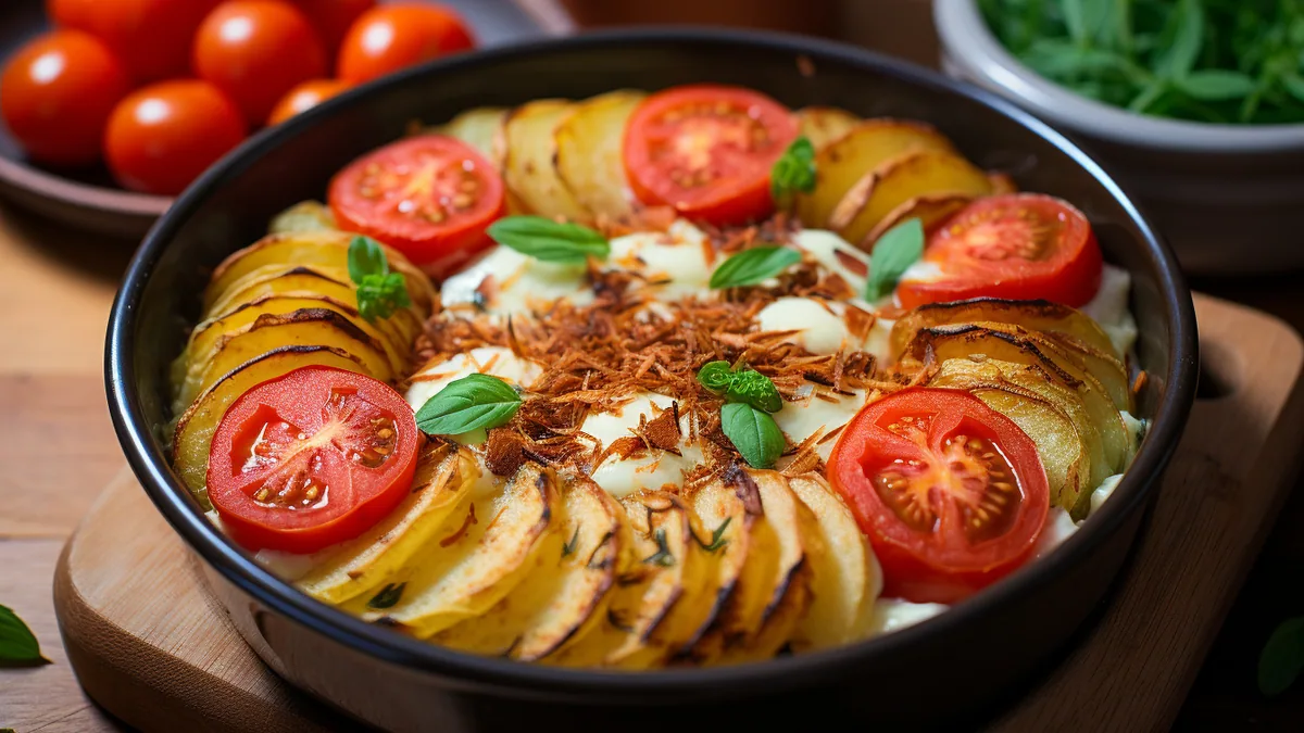 Gratin de chou-fleur doré au fromage dans un plat en céramique, servi chaud