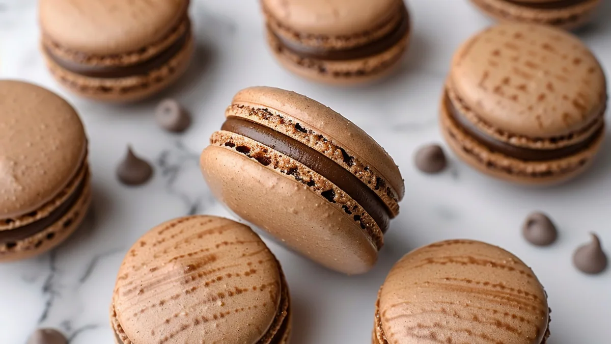 Macarons au chocolat garnis de ganache, disposés sur une assiette sombre