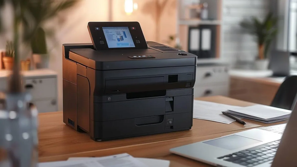 Imprimante multifonction blanche imprimant une feuille de document sur un bureau