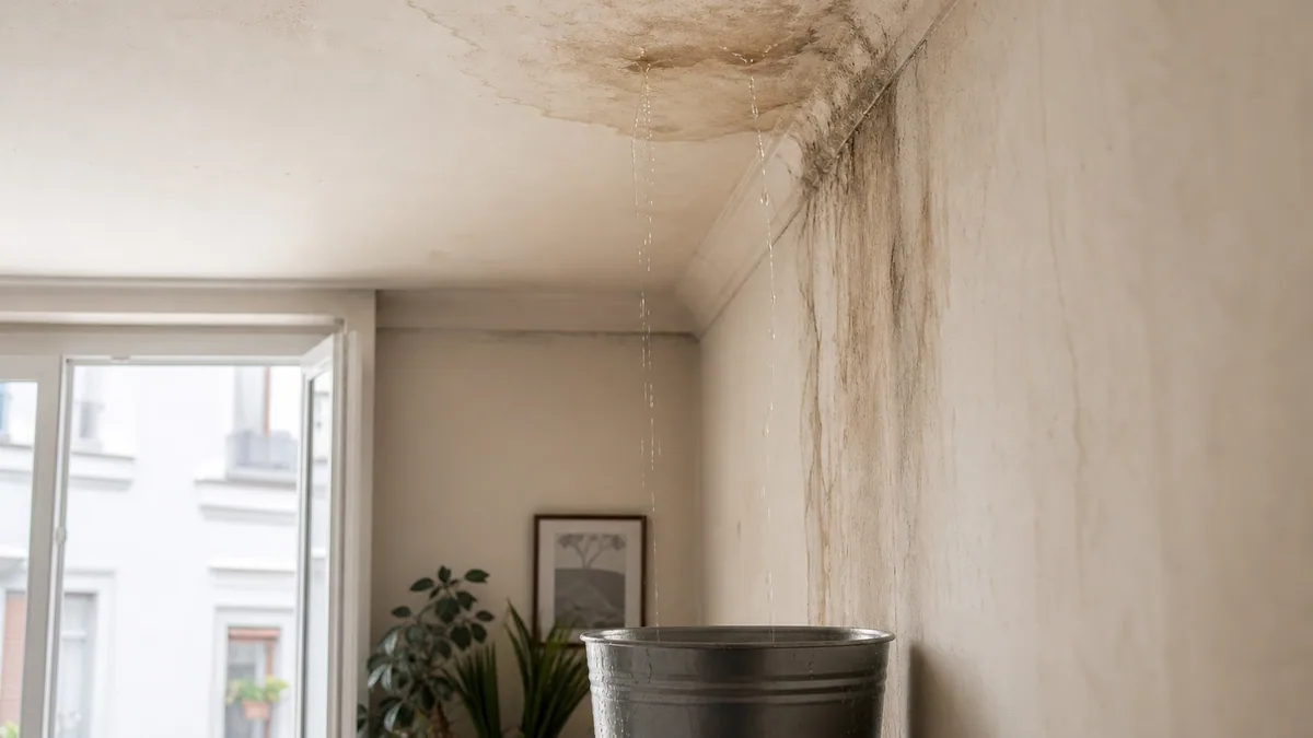 Plafond taché et infiltration d'eau coulant dans un seau posé au sol d'un appartement