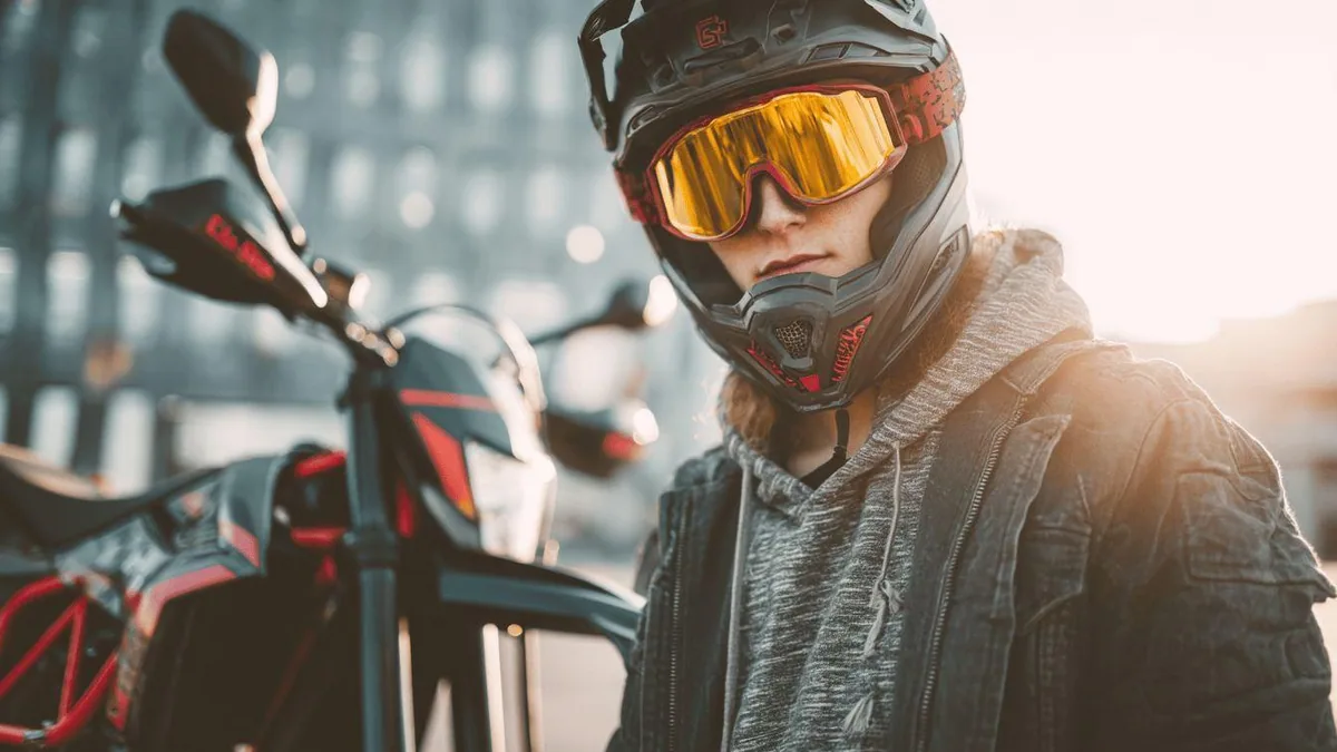 Scooter 125 cm³ garé en ville avec casque, gants et blouson de protection à côté