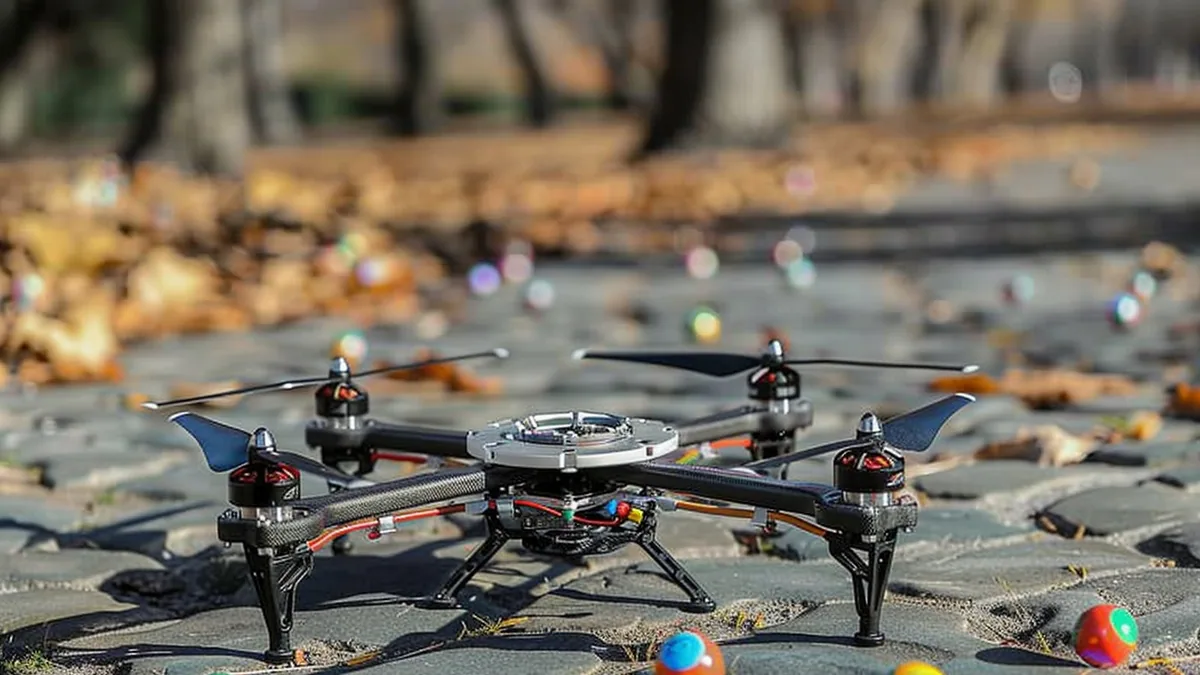Mini-drone interactif d’intérieur face à des cibles en mousse dans une pièce dégagée