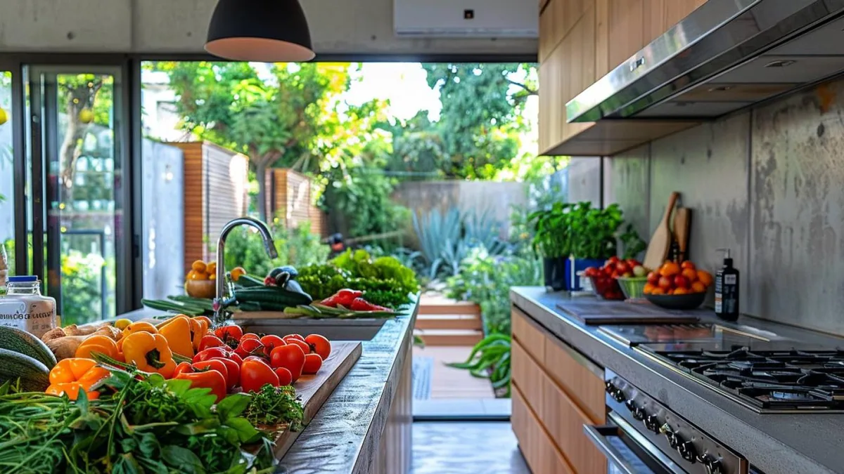 Cuisine équipée en bois clair avec plan de travail durable et électroménager encastré