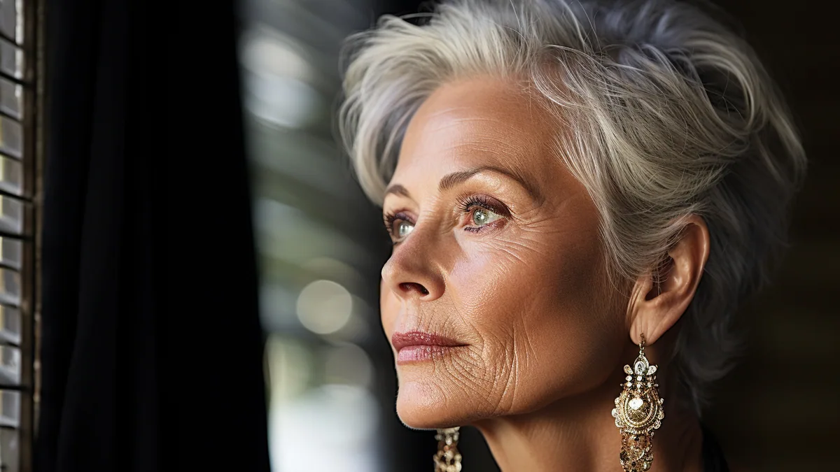 Femme aux cheveux argentés portant une coupe pixie souple et élégante