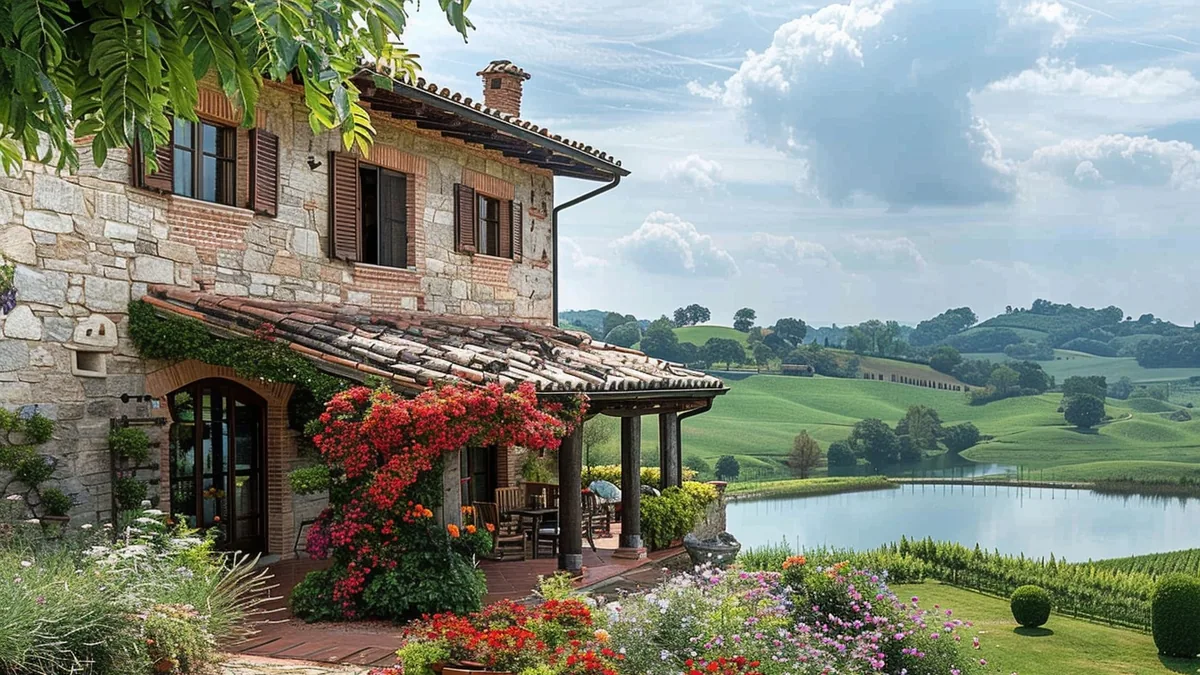 Façade d’un petit hôtel de charme avec terrasse et enseigne dans une rue touristique