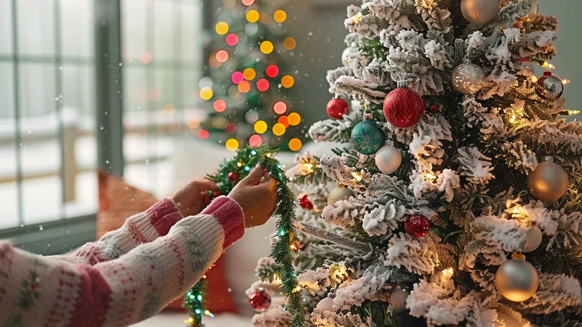 Sapin de Noël éclairé par une guirlande LED, avec des mains ajustant les branches