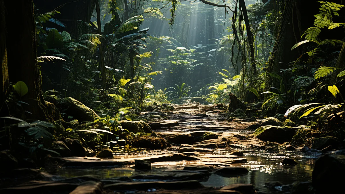Canopée dense de la forêt amazonienne traversée par un fleuve sinueux au lever du jour