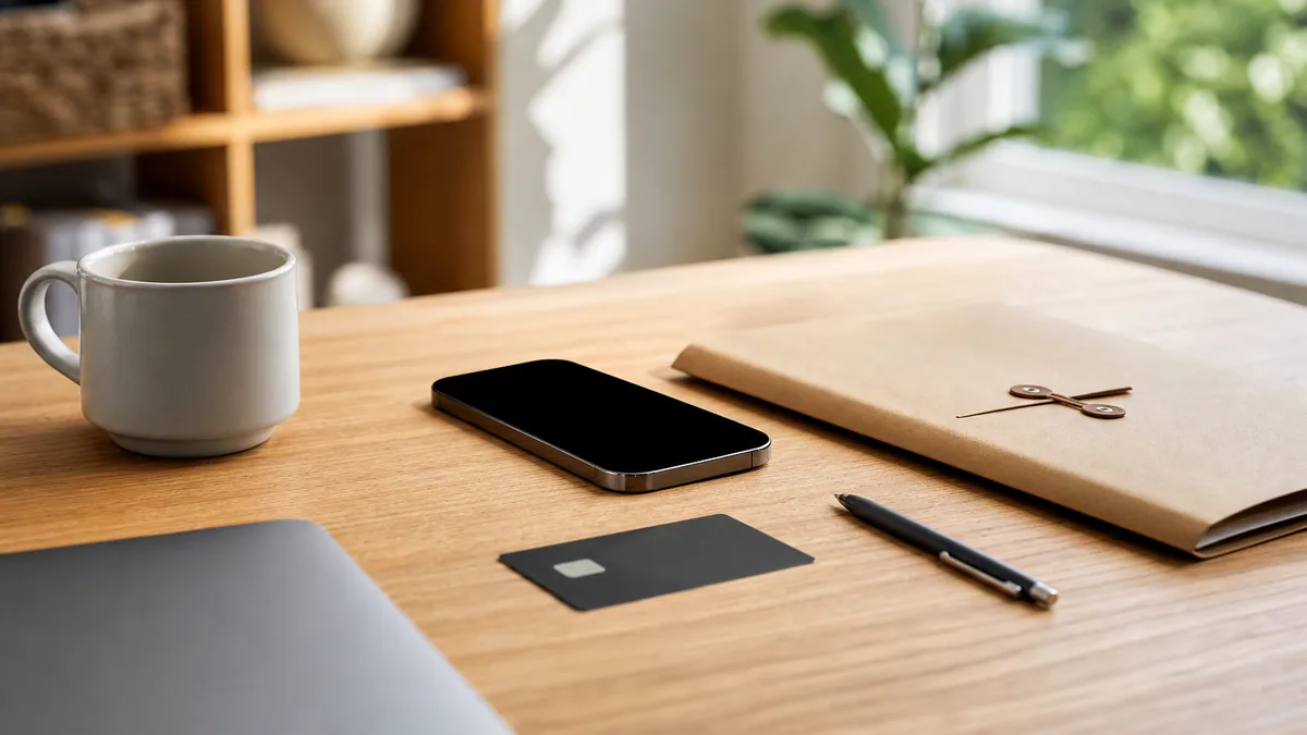 Coin bureau lumineux avec une carte bancaire, un stylo et une chemise cartonnée