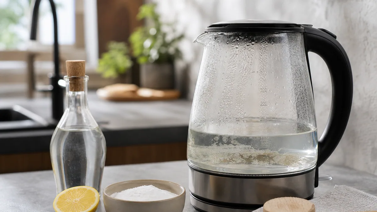 Bouilloire électrique en verre avec vinaigre blanc, citron et bicarbonate sur un plan de travail