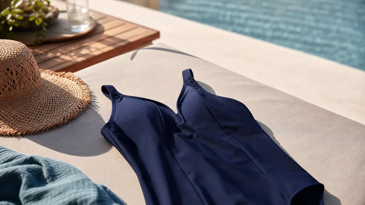 Maillot de bain neuf posé à plat près d'une étiquette d'entretien textile