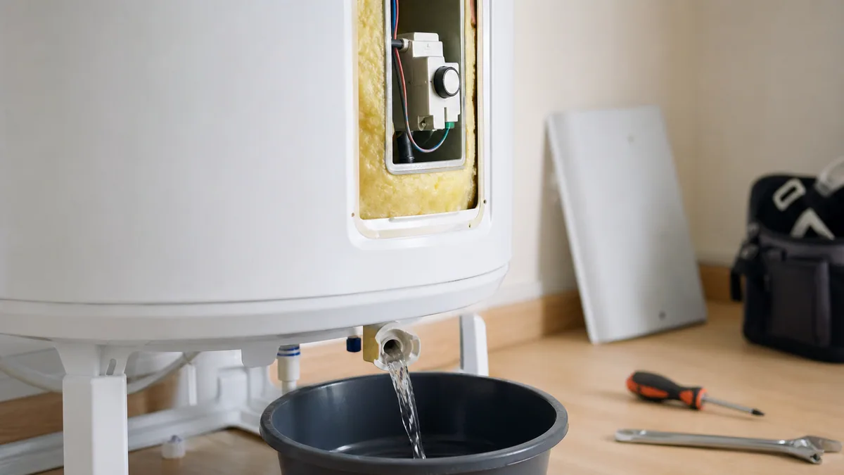 Chauffe-eau électrique blanc installé dans un local technique, tuyauterie et vanne visibles