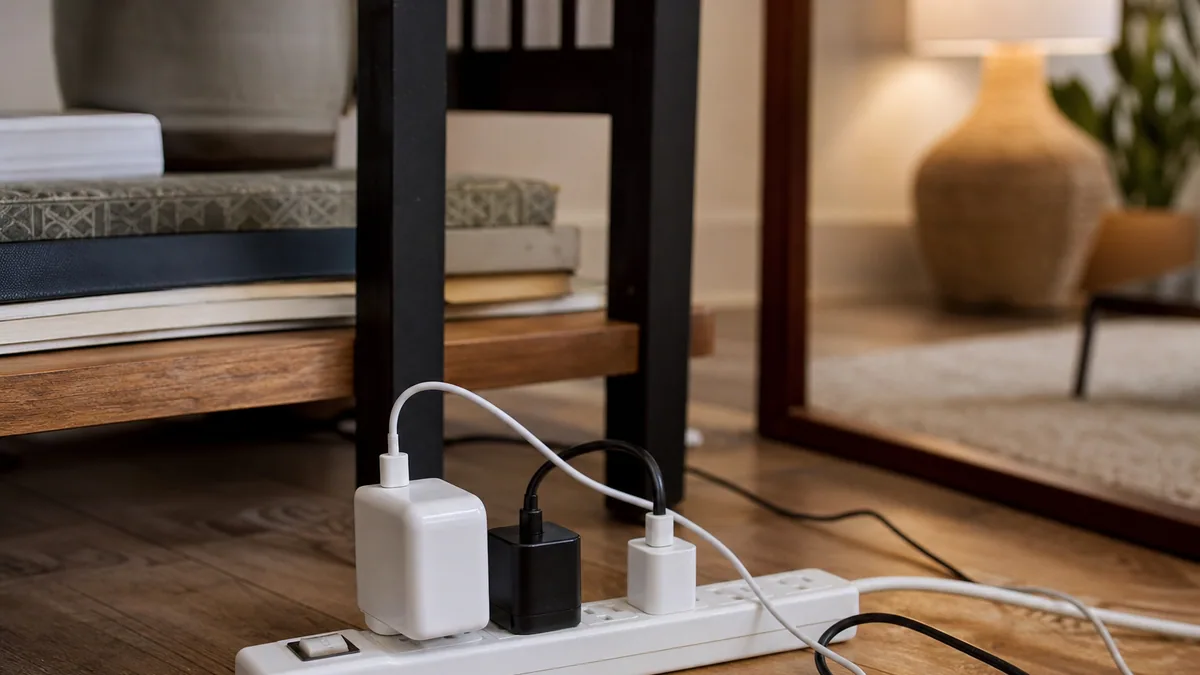 Multiprise avec plusieurs appareils électroniques branchés dans un salon