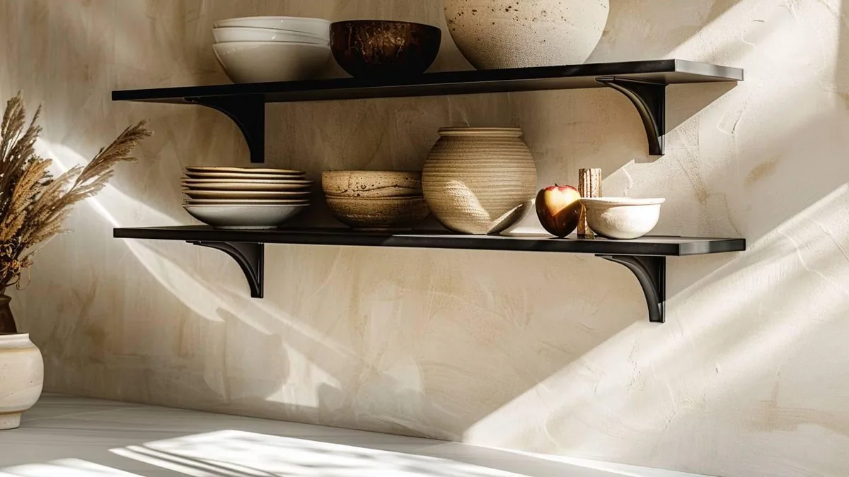 Étagère flottante en bois fixée sans équerre apparente sur un mur clair, avec livres et objets décoratifs