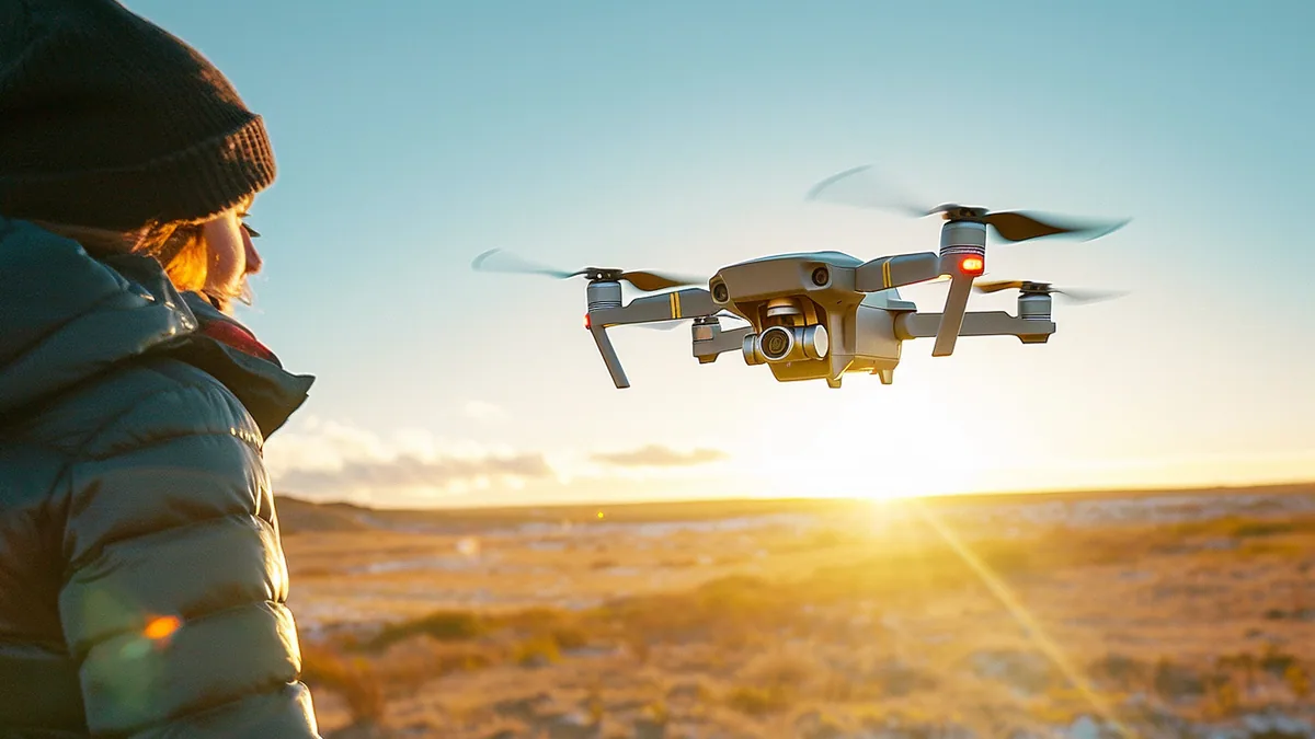 Mini drone avec caméra survolant un jardin dégagé au soleil, vu depuis le sol