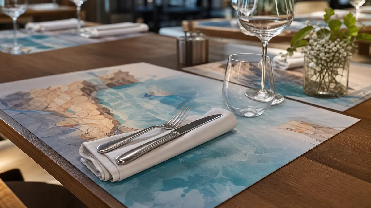 Set de table personnalisé posé sur une table de restaurant à Marseille, avec menu et QR code