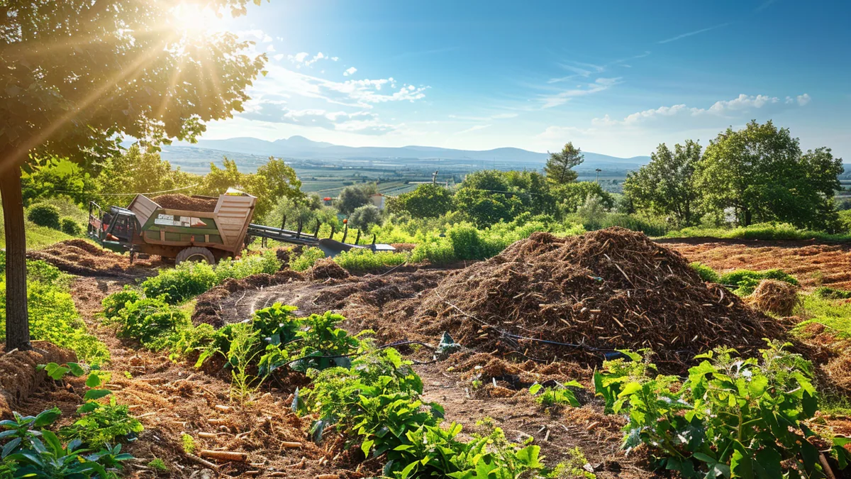 Plateforme de compostage avec andains de matière organique et engin de retournement