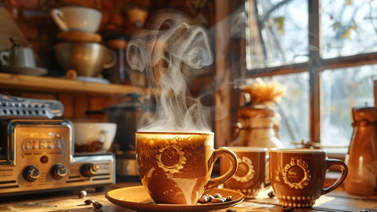 Paquet de café en grain décaféiné près d’une machine expresso et d’une tasse de café