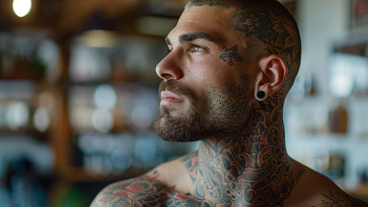 Homme de profil montrant un tatouage graphique noir sur le côté du cou