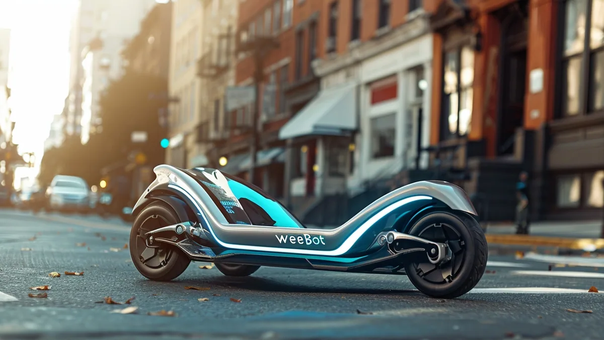 Hoverboard électrique noir roulant sur une piste urbaine lisse près de bâtiments modernes