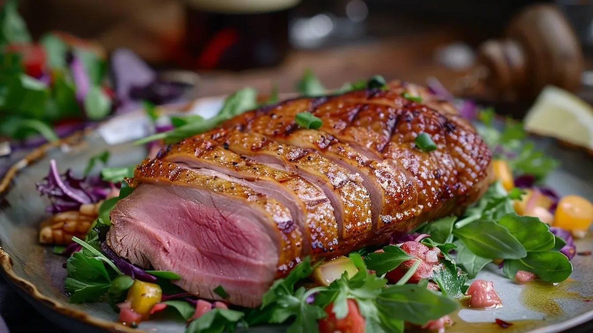 Fines tranches de magret de canard fumé servies sur une salade gourmande avec fruits et noix