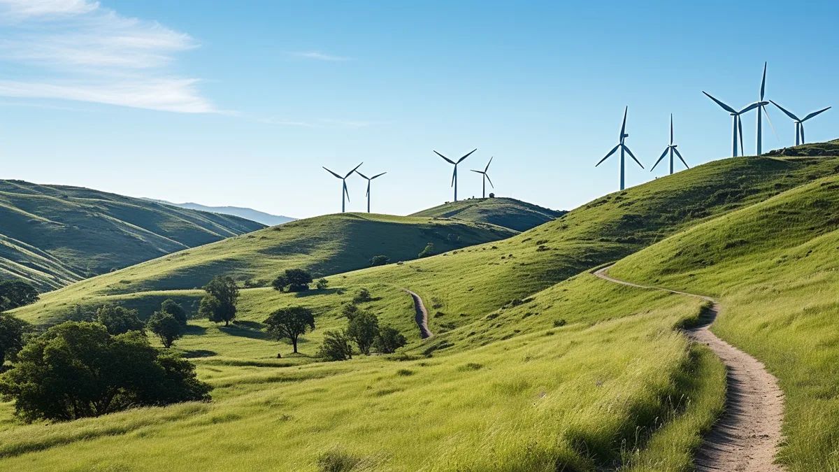 Éoliennes et panneaux solaires produisant de l’électricité renouvelable dans un paysage rural