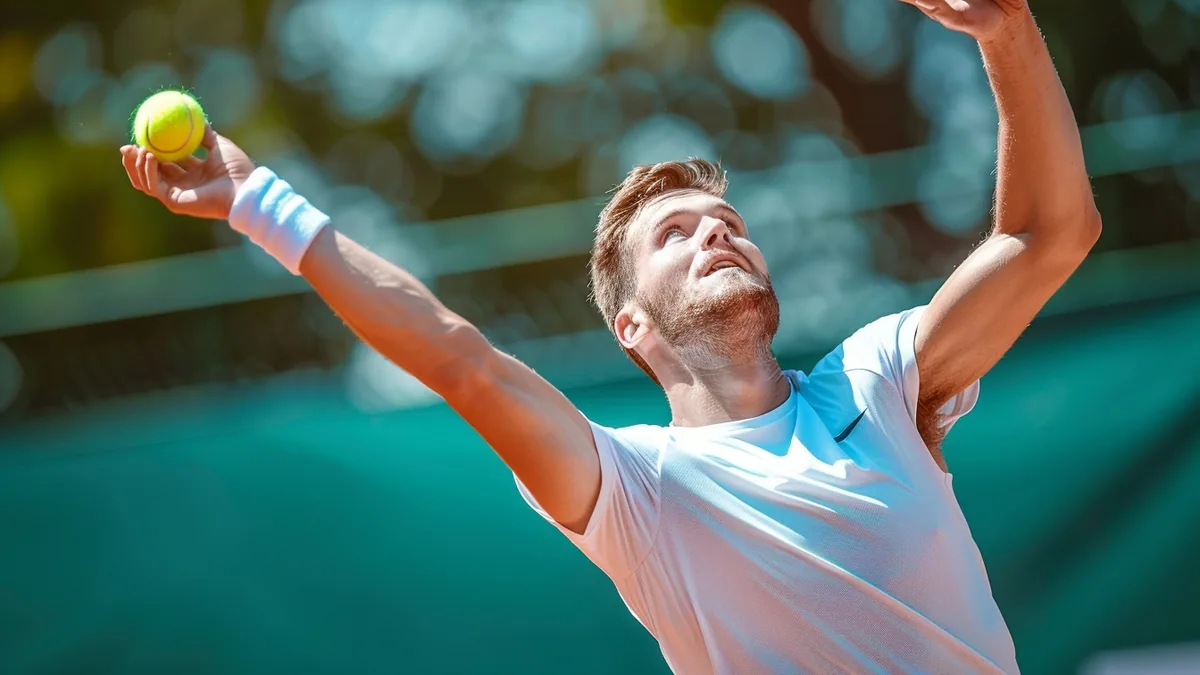 Joueur senior et enfant échangeant une balle de tennis sur un court extérieur