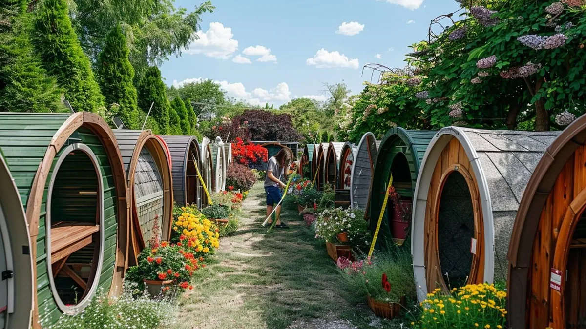 Abri de jardin en bois installé sur une dalle dans un jardin arboré