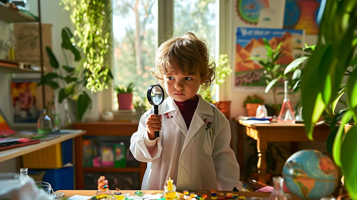 Enfant observant une expérience scientifique avec eau, plantes et objets colorés sur une table