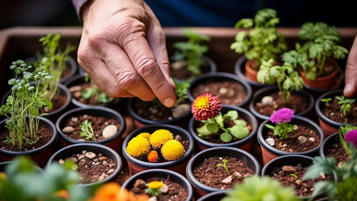 Jardin fleuri avec vivaces, arbustes et outils d’entretien posés près d’un massif paillé