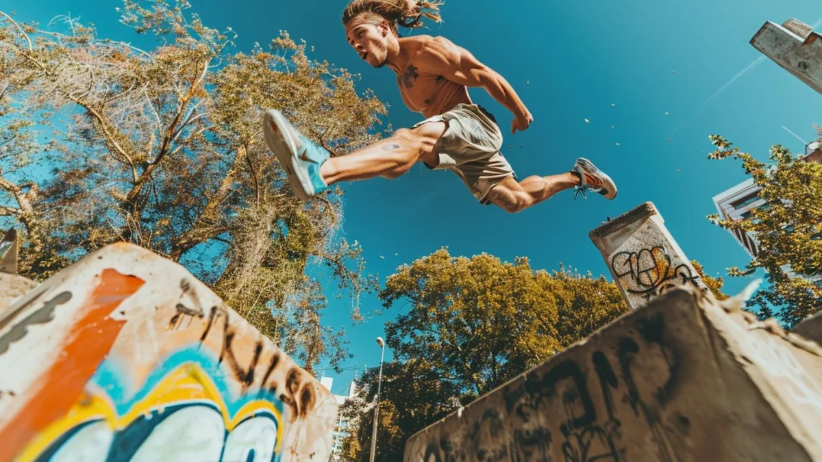 Pratiquant de parkour franchissant un muret bas dans un espace urbain dégagé