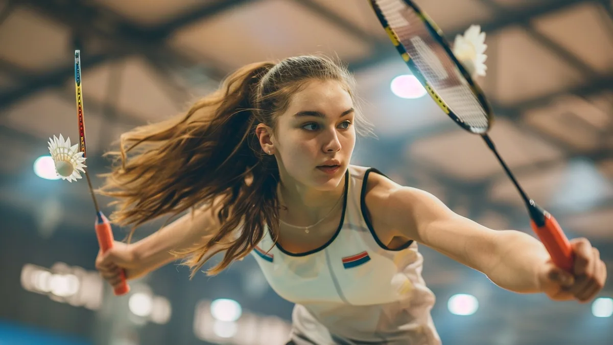 Joueur de badminton en mouvement sur un terrain intérieur, raquette levée face au volant