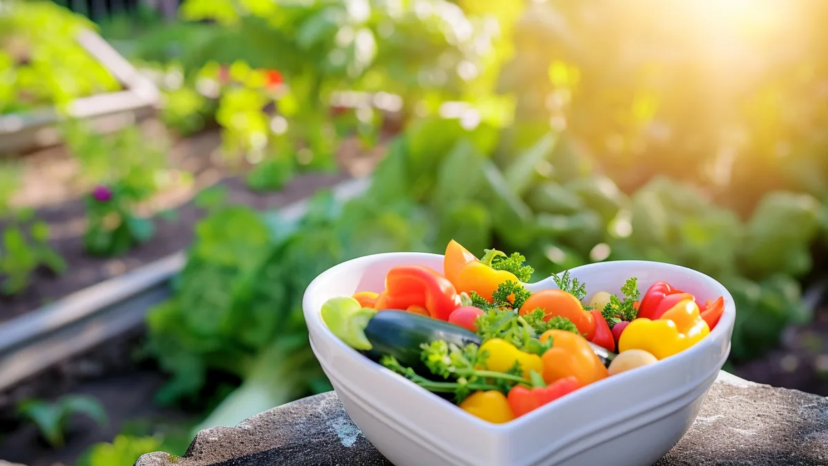 Assiette végétarienne colorée avec lentilles, légumes frais, céréales complètes, noix et graines