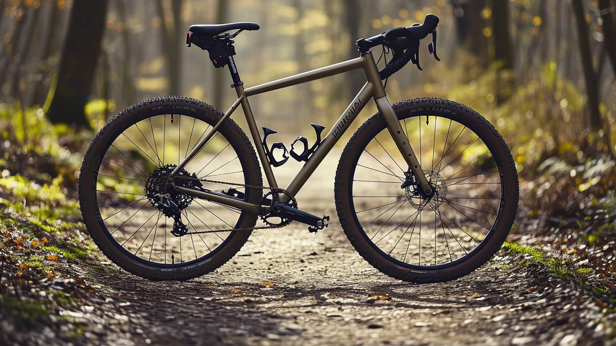 Vélo de gravel chargé de sacoches roulant sur un chemin de terre entre des collines