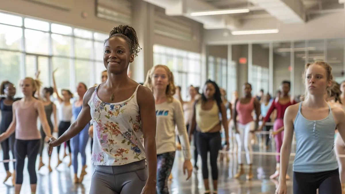 Groupe d’adultes suivant un cours de danse avec une professeure dans un studio lumineux