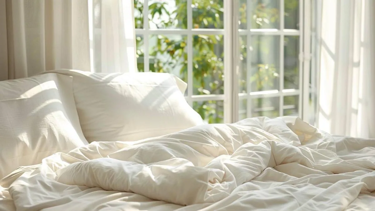 Couverture de lit pliée sur un lit, prête à être lavée avant sa première utilisation
