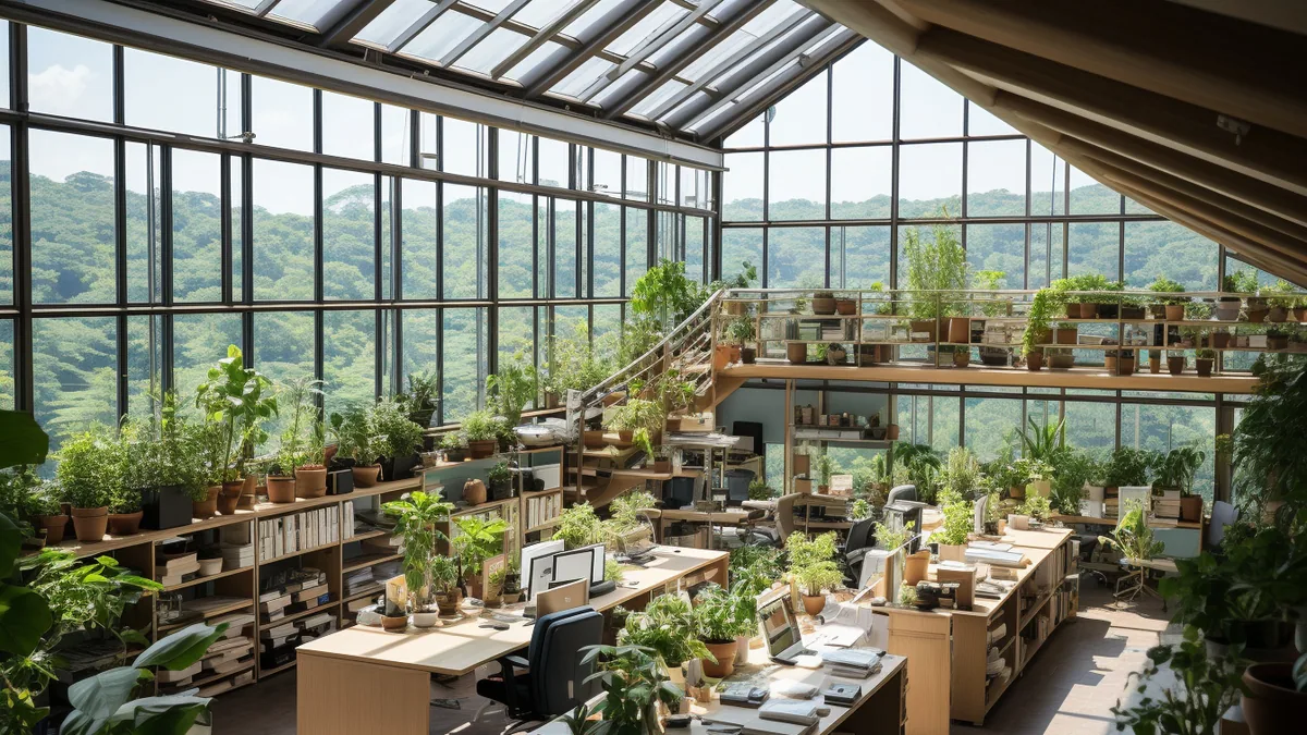 Espace de travail lumineux avec plantes, bacs de tri, ordinateurs éteints et fournitures réutilisables