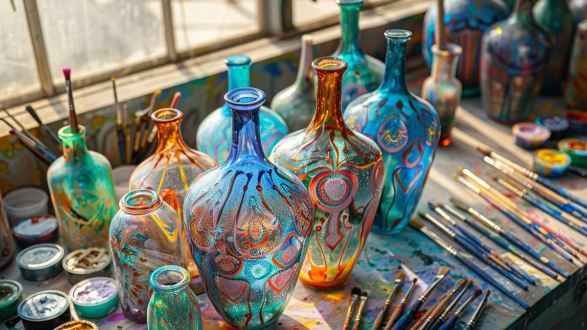 Vase, photophores et bocaux en verre décorés de motifs colorés et translucides près d’une fenêtre