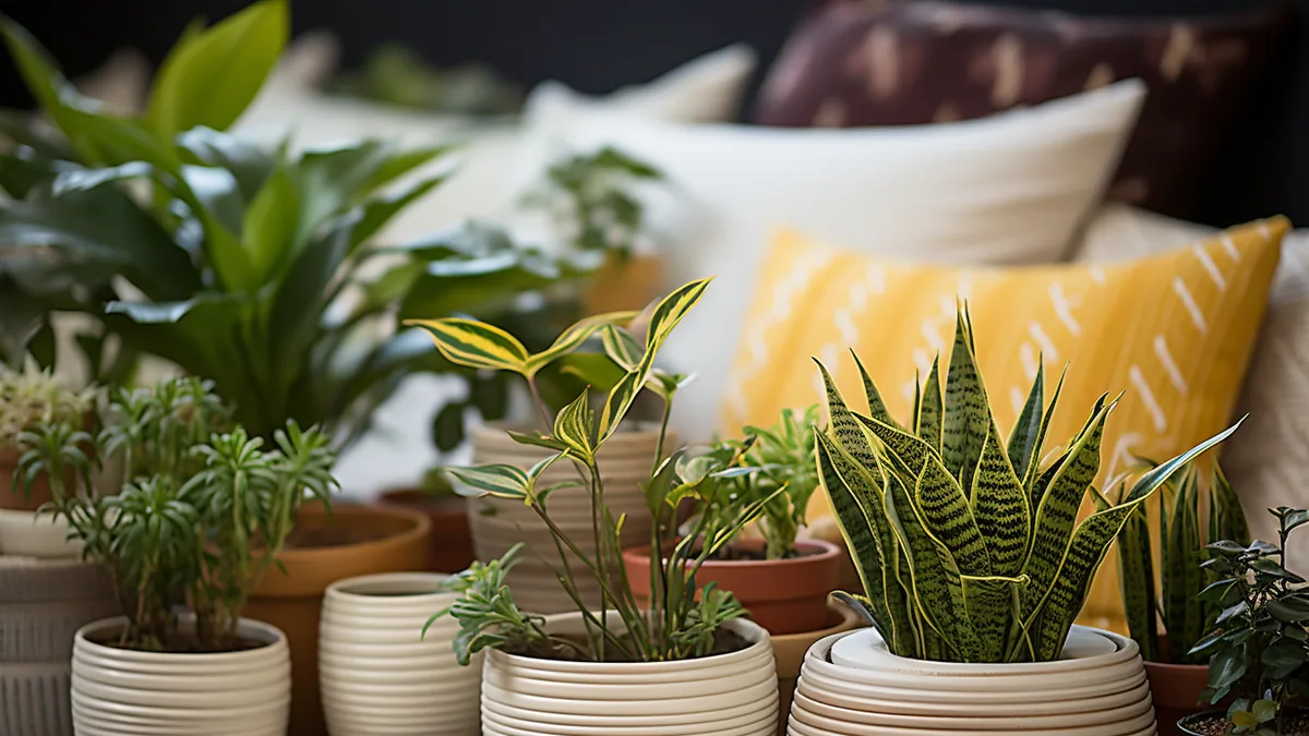 Plante verte en pot près d’une fenêtre dans une chambre lumineuse avec lit et table de chevet