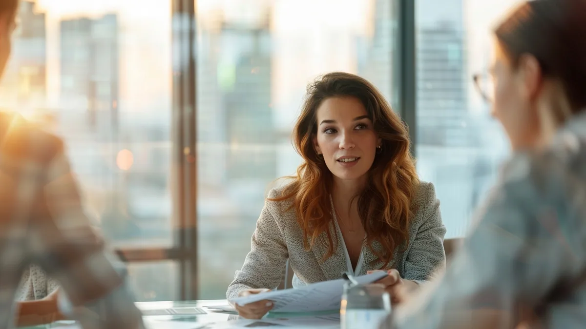 Équipe en réunion de formation professionnelle avec ordinateur portable et documents de financement