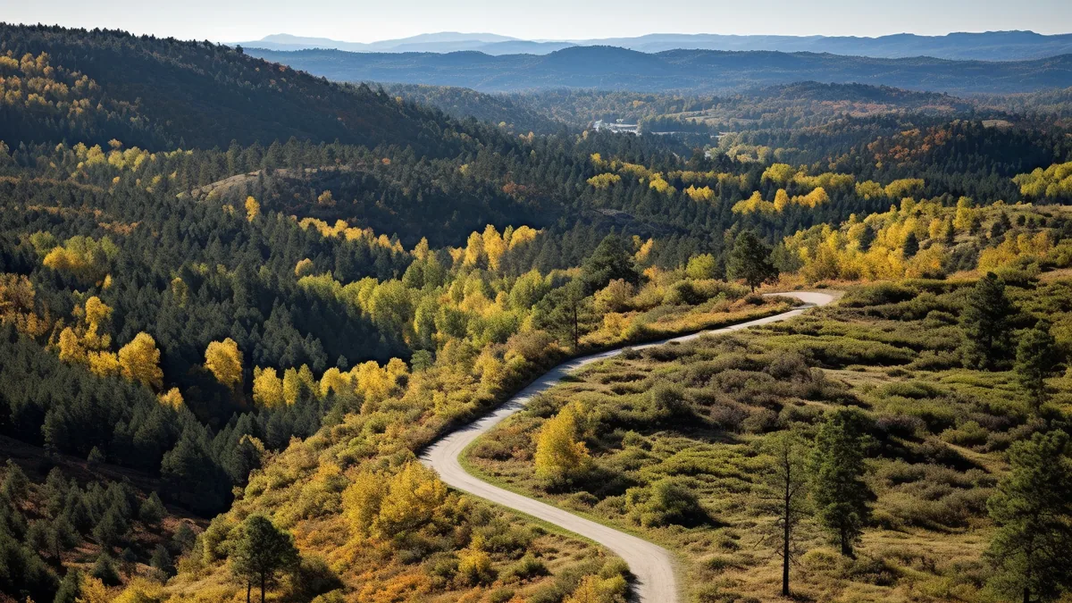 Sentier bordé de châtaigniers aux couleurs d’automne dans les montagnes des Cévennes