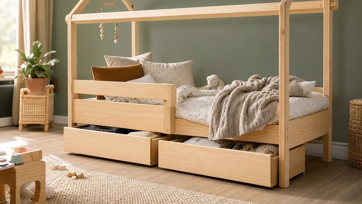 Lit cabane en bois avec tiroirs de rangement dans une chambre d’enfant au sol en parquet