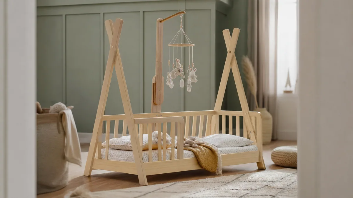 Lit tipi en bois dans une chambre d’enfant avec mobile décoratif suspendu sur un support sécurisé