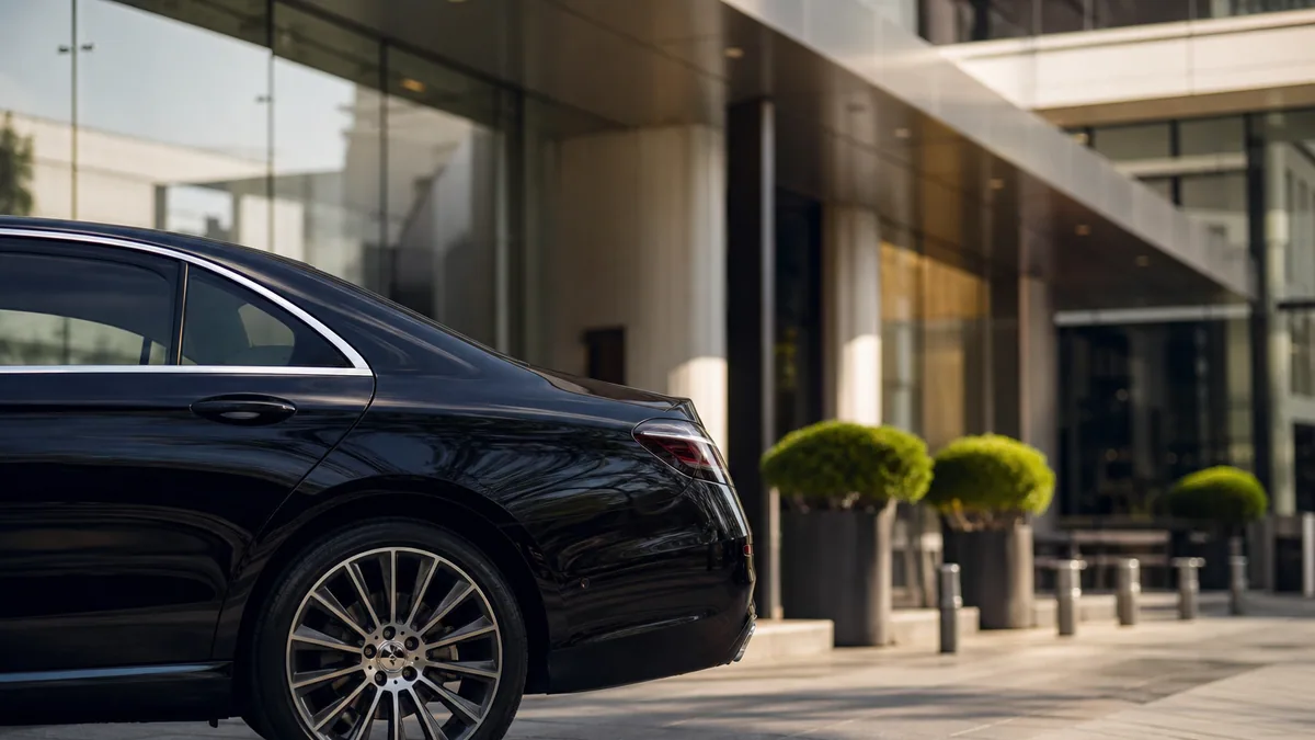 Chauffeur VTC devant une berline de location avec smartphone et application de courses ouverte