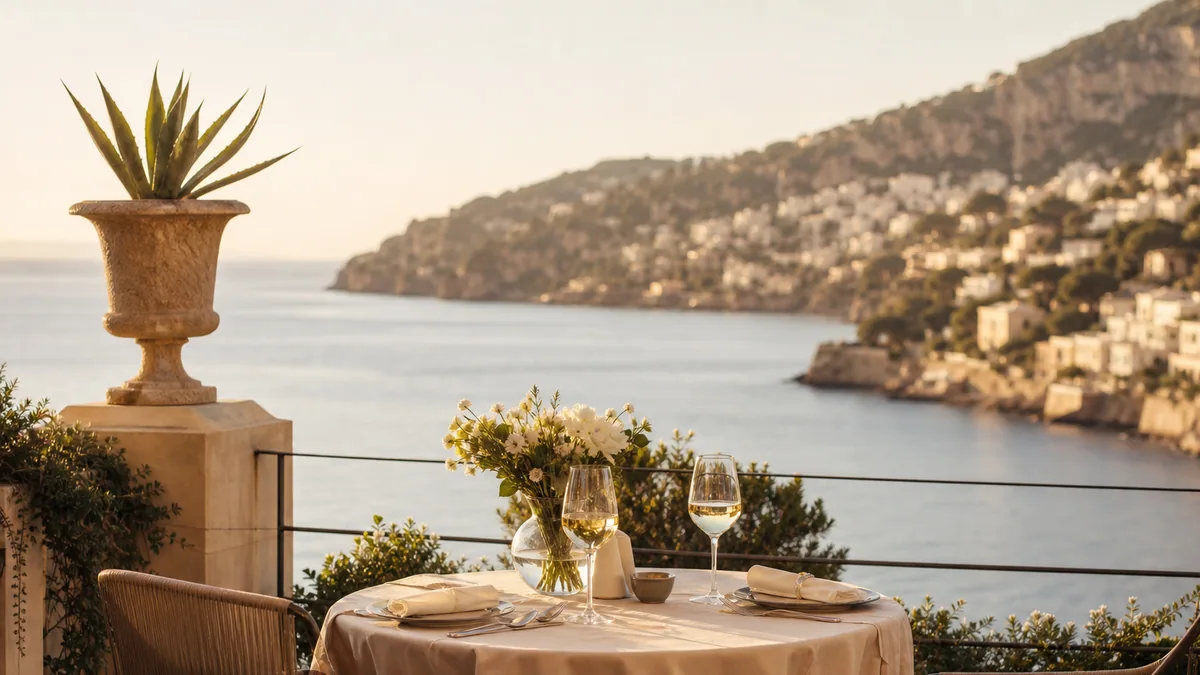 Couple marchant main dans la main sur une plage de la Côte d’Azur au coucher du soleil