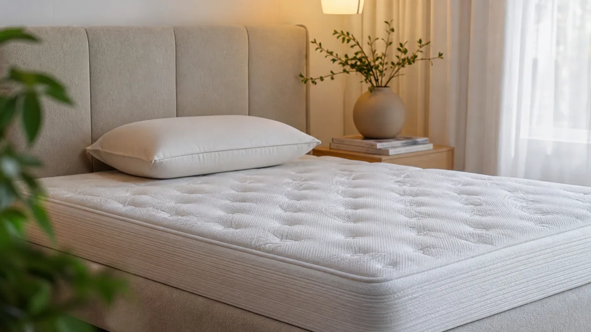 Matelas ferme blanc sur sommier à lattes dans une chambre lumineuse et minimaliste