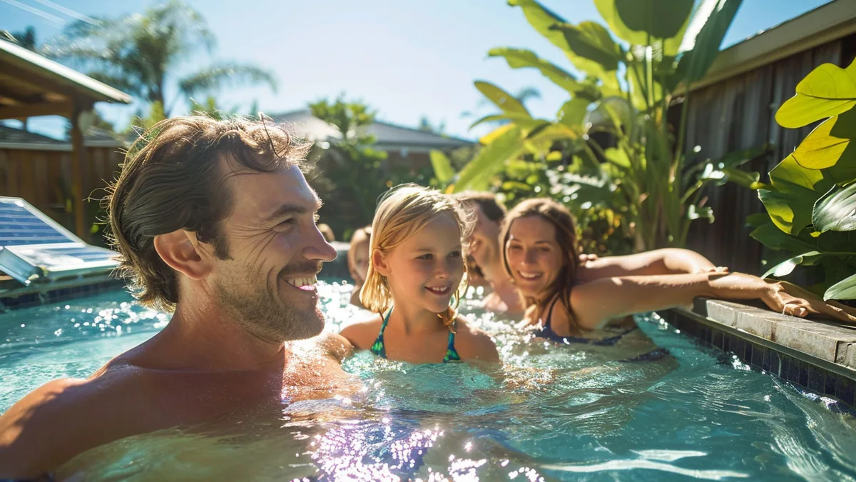 Piscine extérieure couverte par une bâche, pompe à chaleur et panneaux solaires dans un jardin