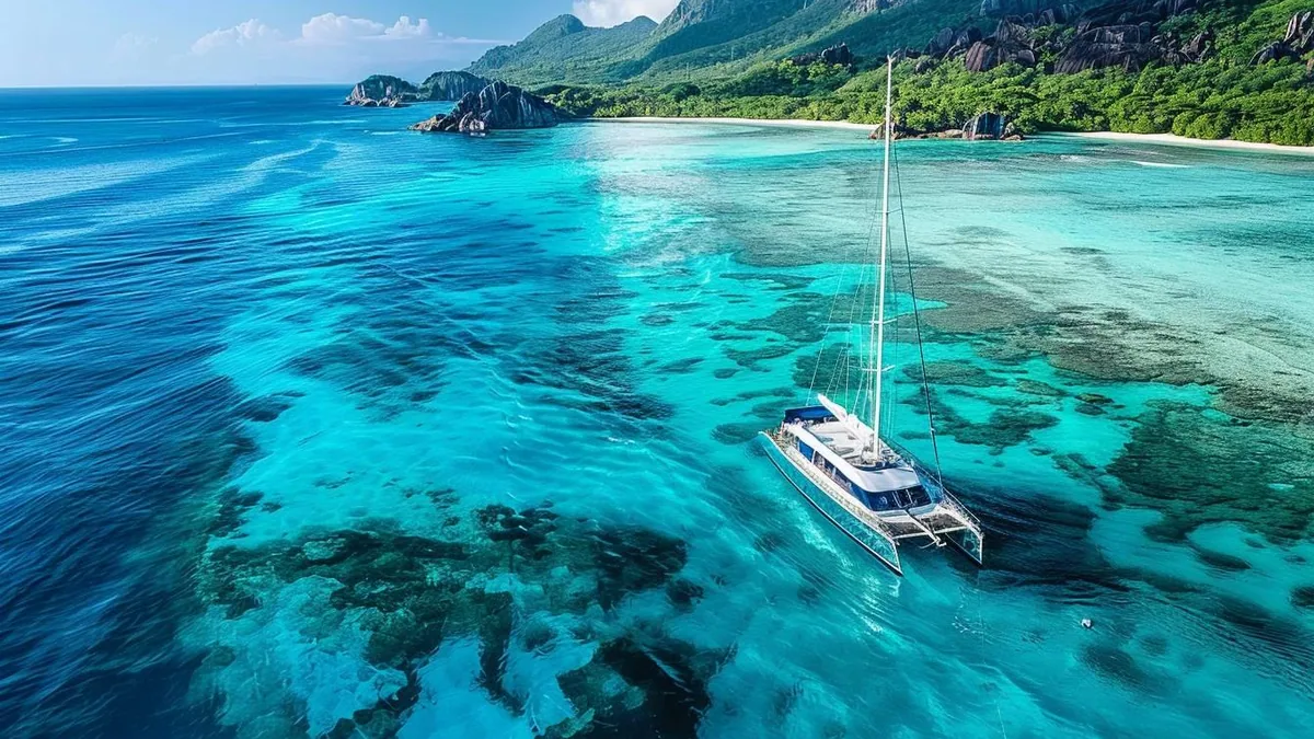 Bateau devant des rochers granitiques et une eau turquoise lors d’une excursion aux Seychelles