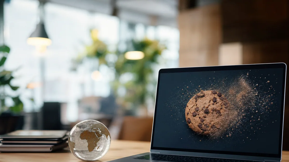 Ilustrasi dashboard pemasaran digital dengan ikon cookie, perisai privasi, dan data pelanggan