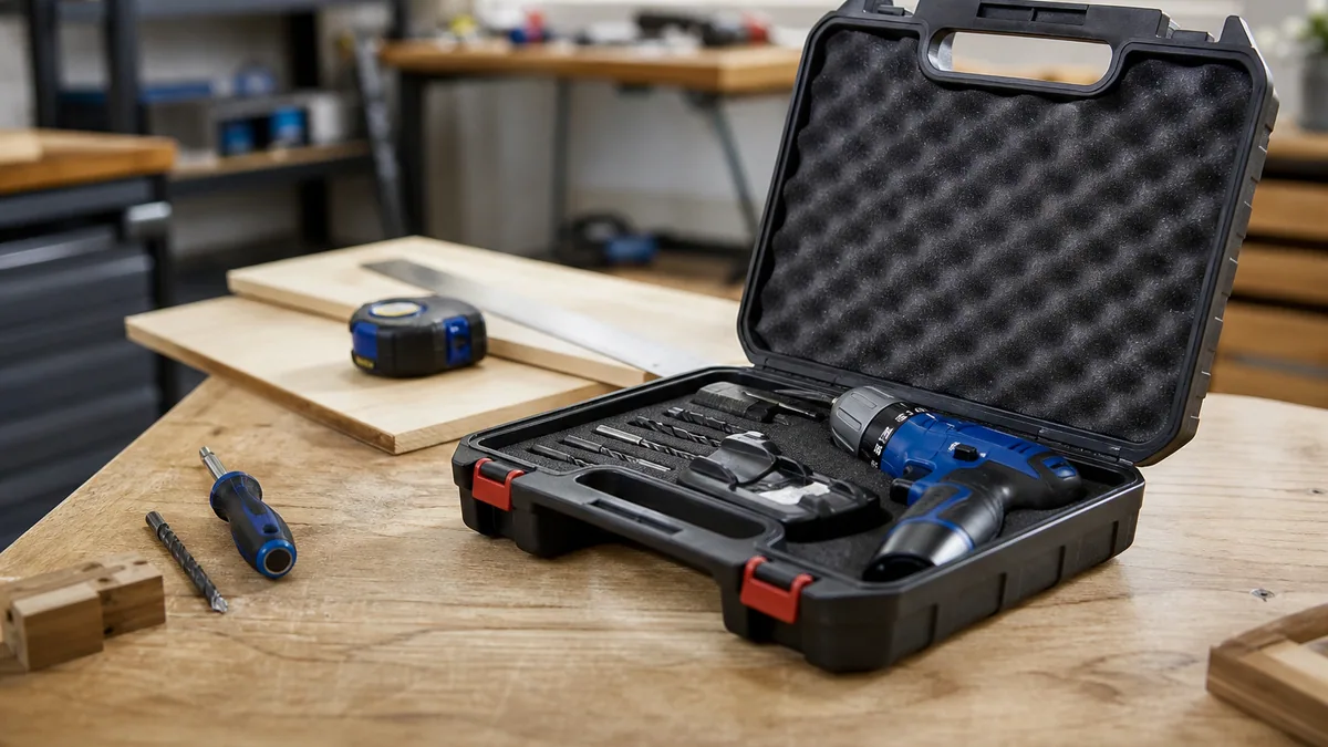 Mini perceuse sans fil et accessoires rangés dans une valise compartimentée ouverte